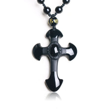 Load image into Gallery viewer, Handcrafted Natural Black Obsidian Cross Amulet Pendant Necklace
