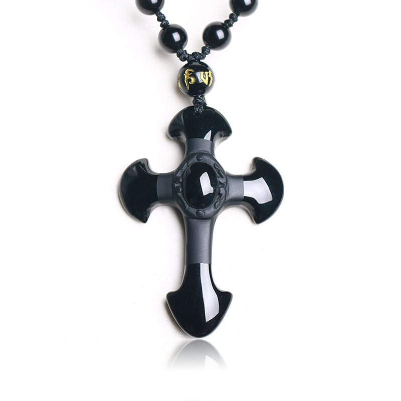 Handcrafted Natural Black Obsidian Cross Amulet Pendant Necklace