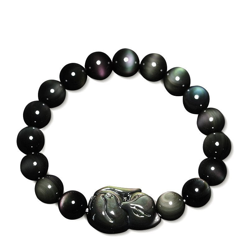 Natural Rainbow Obsidian Handcrafted Fox Charm Beaded Bracelet