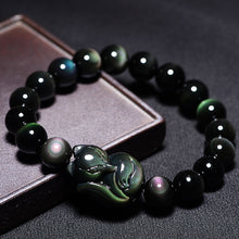 Load image into Gallery viewer, Natural Rainbow Obsidian Handcrafted Fox Charm Beaded Bracelet
