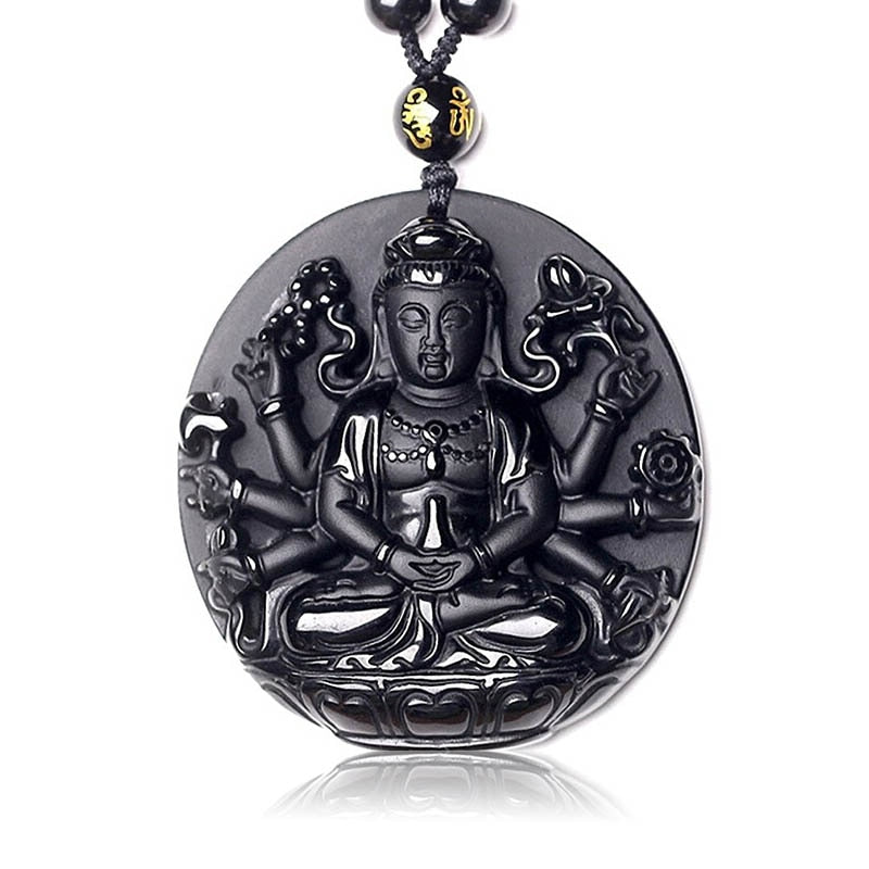 Handcrafted Natural Black Obsidian Buddha Avalokitesvara Pendant Necklace