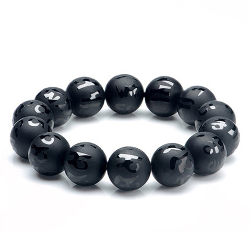 Handcrafted Natural Black Obsidian Tibetan Mantra Beaded Bracelet