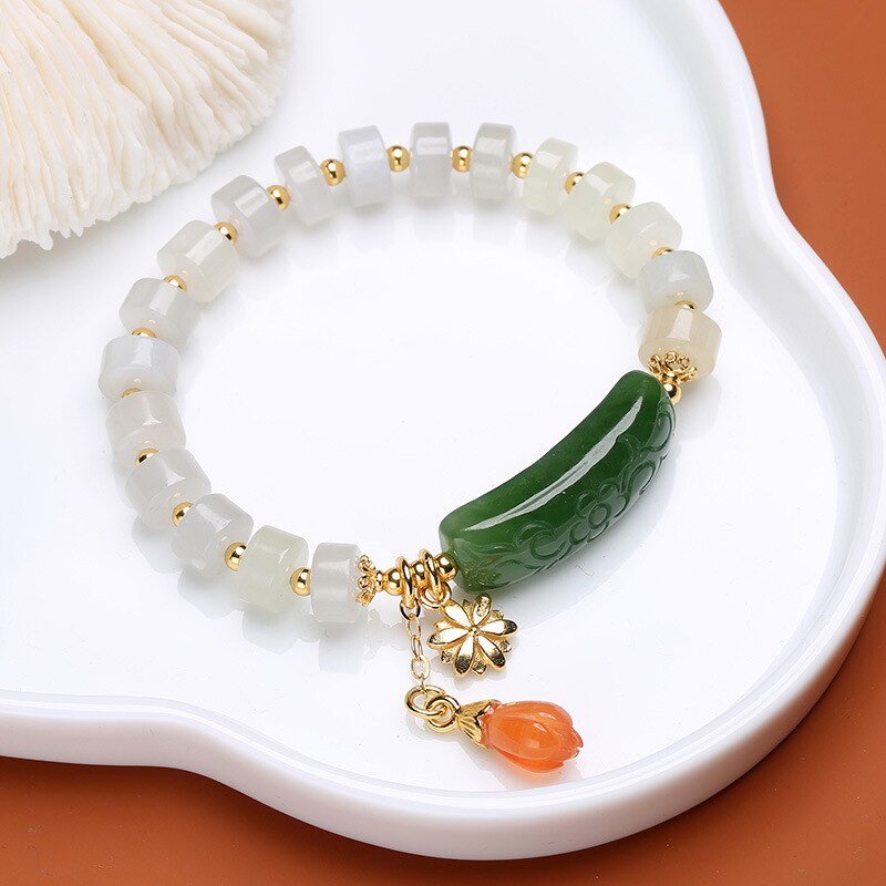 Lokaloca Top Grade Natural Hetian Jade Beaded Charm Jewelry Bracelet