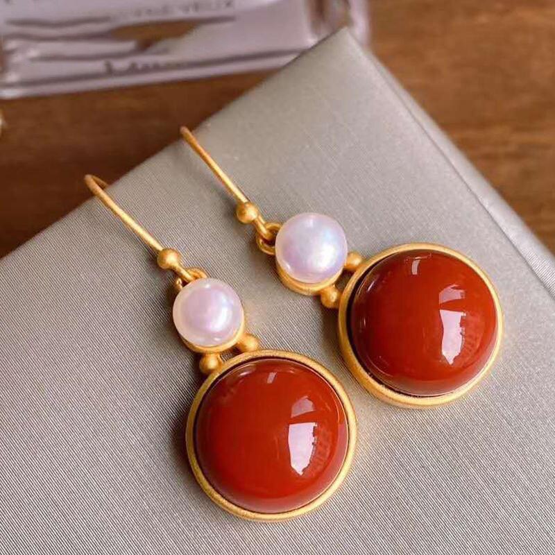 Natural Southern Red Agate Pendant Necklace Earrings Vintage Style Retro Unique Craft Elegant Charm Women Silver Jewelry