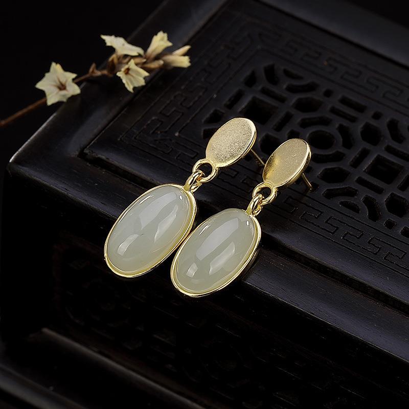 Lokaloca Natural White Jade Oval Earrings