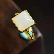 Load image into Gallery viewer, Natural and White Jade Square Opening Adjustable Ring Vintage Retro Bohemian Elegant Women&#39;s Silver Jewelry
