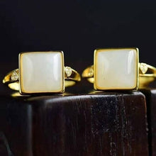 Load image into Gallery viewer, Natural and White Jade Square Opening Adjustable Ring Vintage Retro Bohemian Elegant Women&#39;s Silver Jewelry
