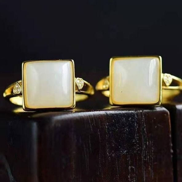 Natural and White Jade Square Opening Adjustable Ring Vintage Retro Bohemian Elegant Women's Silver Jewelry