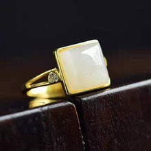 Load image into Gallery viewer, Natural and White Jade Square Opening Adjustable Ring Vintage Retro Bohemian Elegant Women&#39;s Silver Jewelry
