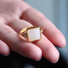 Load image into Gallery viewer, Natural and White Jade Square Opening Adjustable Ring Vintage Retro Bohemian Elegant Women&#39;s Silver Jewelry
