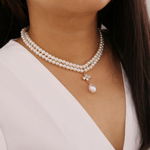 Load image into Gallery viewer, Double Layered Pearl Beaded Cross Baroque Pearl Pendant Choker Necklace
