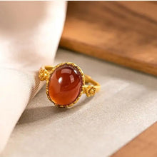 Load image into Gallery viewer, Natural Garnet Oval Plum Blossom Open Ring Vintage Retro Unique Ancient Goldwn Craft Luxury Charm Silver Jewelry
