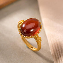 Load image into Gallery viewer, Natural Garnet Oval Plum Blossom Open Ring Vintage Retro Unique Ancient Goldwn Craft Luxury Charm Silver Jewelry
