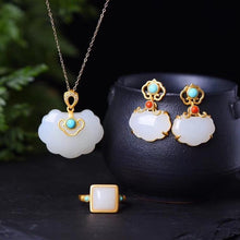 Load image into Gallery viewer, Natural Fine White Jade Ring Pendant Necklace Earrings Vintage Style Women&#39;s Jewelry Set
