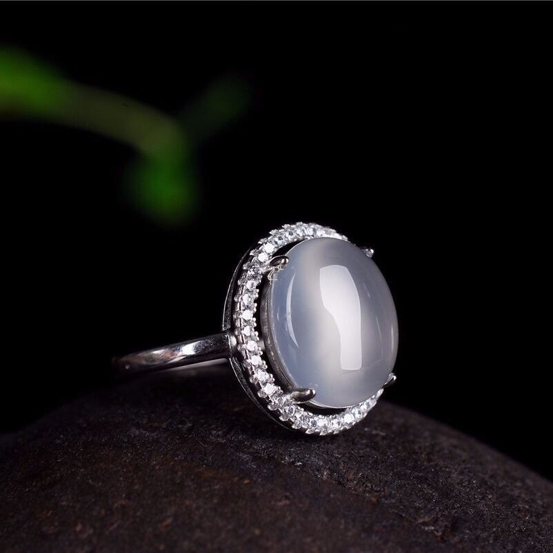 Natural Ice Chalcedony Oval Opening Adjustable Ring Vintage Retro Charm Women's Brand Silver Jewelry