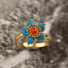 Load image into Gallery viewer, Natural Southern Red Agate Flower Opening Ring Vintage Style Retro Unique Ancient Golden Craft Silver Jewelry
