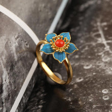 Load image into Gallery viewer, Natural Southern Red Agate Flower Opening Ring Vintage Style Retro Unique Ancient Golden Craft Silver Jewelry
