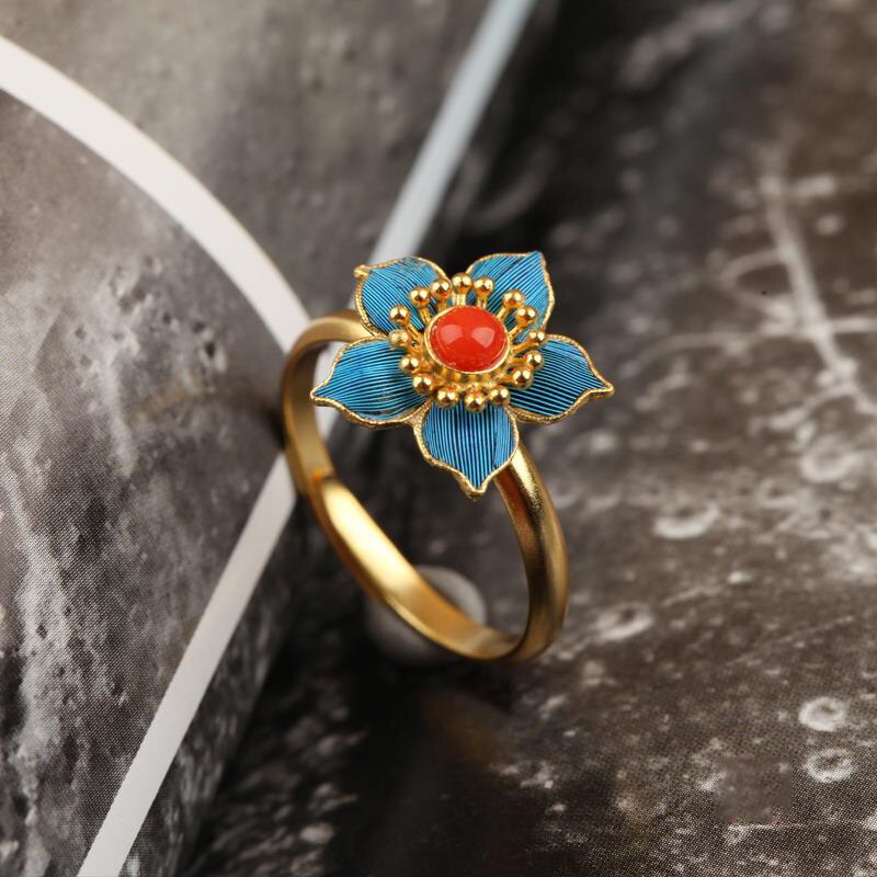 Natural Southern Red Agate Flower Opening Ring Vintage Style Retro Unique Ancient Golden Craft Silver Jewelry