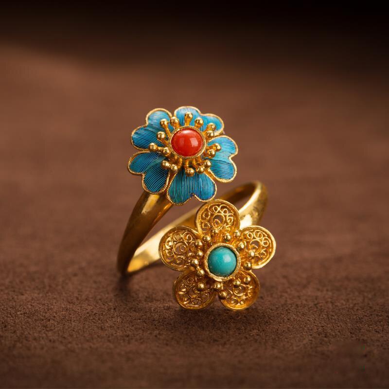 Natural Southern Red Agate Flower Open Ring Boho Vintage Retro Palace Style Unique Craft Luxury Ladies Jewelry