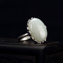 Load image into Gallery viewer, Natural White Jade Open Ring Vintage Retro Luxury Designer Craftsmanship Charm Women&#39;s Silver Jewelry
