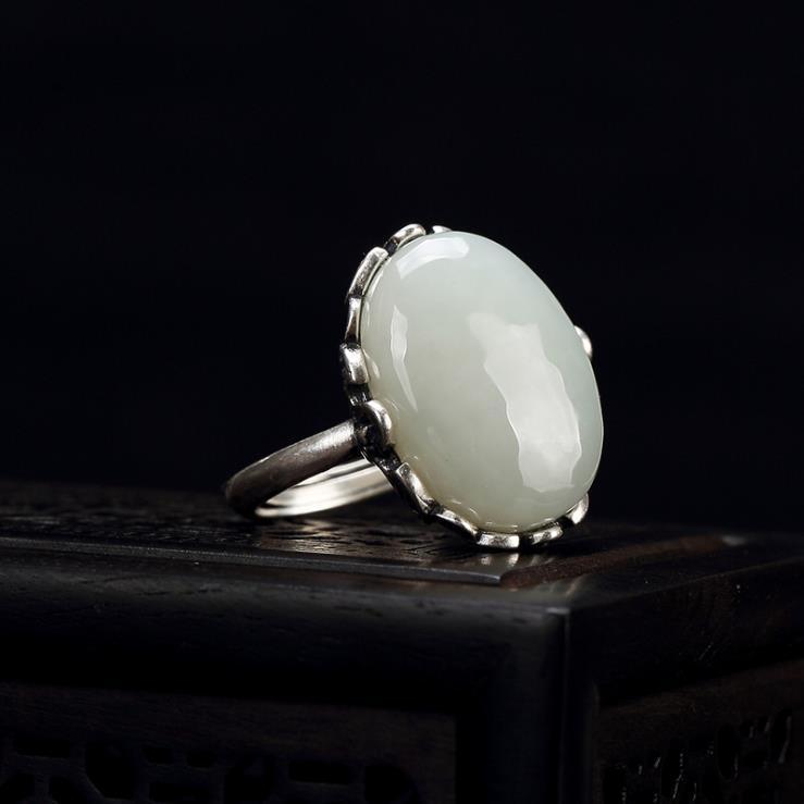 Natural White Jade Open Ring Vintage Retro Luxury Designer Craftsmanship Charm Women's Silver Jewelry