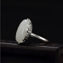 Load image into Gallery viewer, Natural White Jade Open Ring Vintage Retro Luxury Designer Craftsmanship Charm Women&#39;s Silver Jewelry
