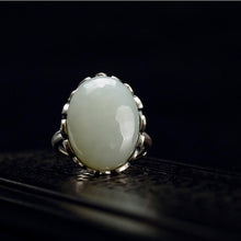 Load image into Gallery viewer, Natural White Jade Open Ring Vintage Retro Luxury Designer Craftsmanship Charm Women&#39;s Silver Jewelry
