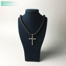 Load image into Gallery viewer, Natural Black Obidian Beaded With 925 Sterling Silver Skull Cross Pendant Necklace
