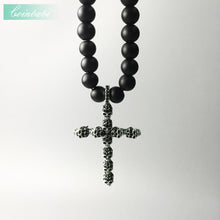 Load image into Gallery viewer, Natural Black Obidian Beaded With 925 Sterling Silver Skull Cross Pendant Necklace
