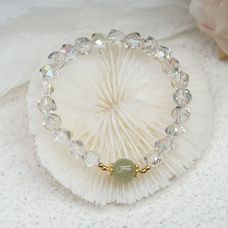 Handcrafted Geometric Clear Crystal Beaded Natural Hetian Jade Charm Bracelet