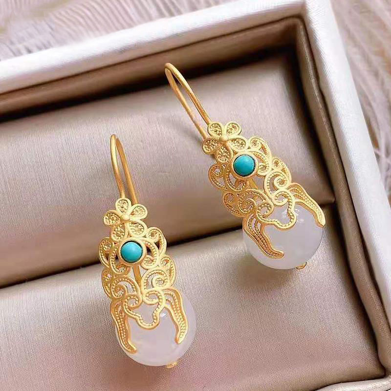 Silver Inlaid Natural Jade Turquoise Drop Earrings Vintage Classical Style Elegant Women's Brand Jewelry