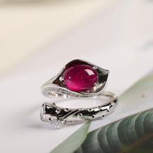 Load image into Gallery viewer, New Silver Jewelry Leaf Plant Water Drop Ruby Female Retro Style Elegant Open Ring
