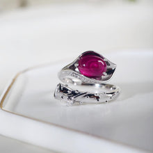 Load image into Gallery viewer, New Silver Jewelry Leaf Plant Water Drop Ruby Female Retro Style Elegant Open Ring
