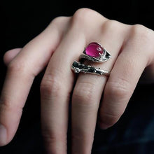 Load image into Gallery viewer, New Silver Jewelry Leaf Plant Water Drop Ruby Female Retro Style Elegant Open Ring
