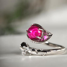 Load image into Gallery viewer, New Silver Jewelry Leaf Plant Water Drop Ruby Female Retro Style Elegant Open Ring
