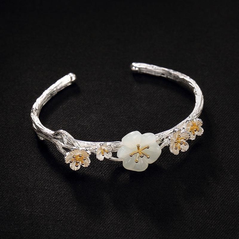 Original Inlaid Natural Fine White Jade Plum Blossom Bracelet Vintage Elegant Retro Adjustable Women's Brand Jewelry