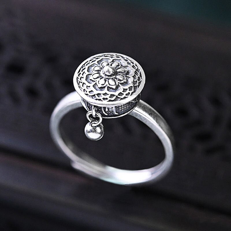 New S925 Sterling Silver Tibetan Retro Small Bead Charm Opening Adjustable Couple Ring