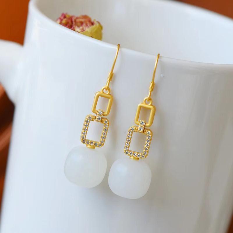 Silver Inlaid Natural White Jade Vintage Retro Craft Earrings Women's Brand Jewelry