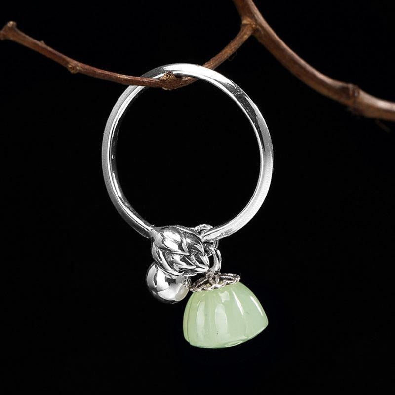 Sterling Silver Vintage Style Retro Fine Jade Bell Female Open Ring