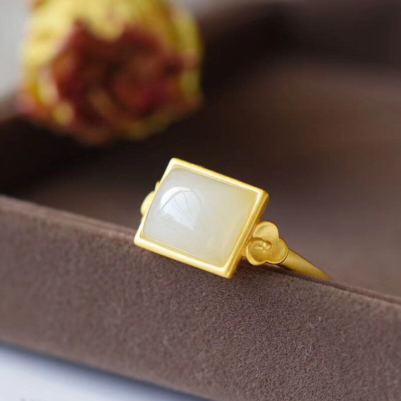 Lokaloca Silver Inlaid Natural Fine Jade  Open Adjustable Ring