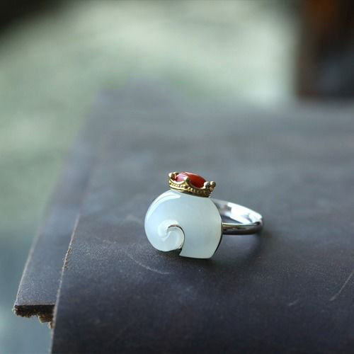 Lokaloca Silver Inlaid White Jade Red Agate Fortune Elephant Resizable  Ring