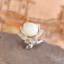 Load image into Gallery viewer, Sterling Silver Natural Fine Jade Lotus Handmade Female Atmospheric Retro Open Ring
