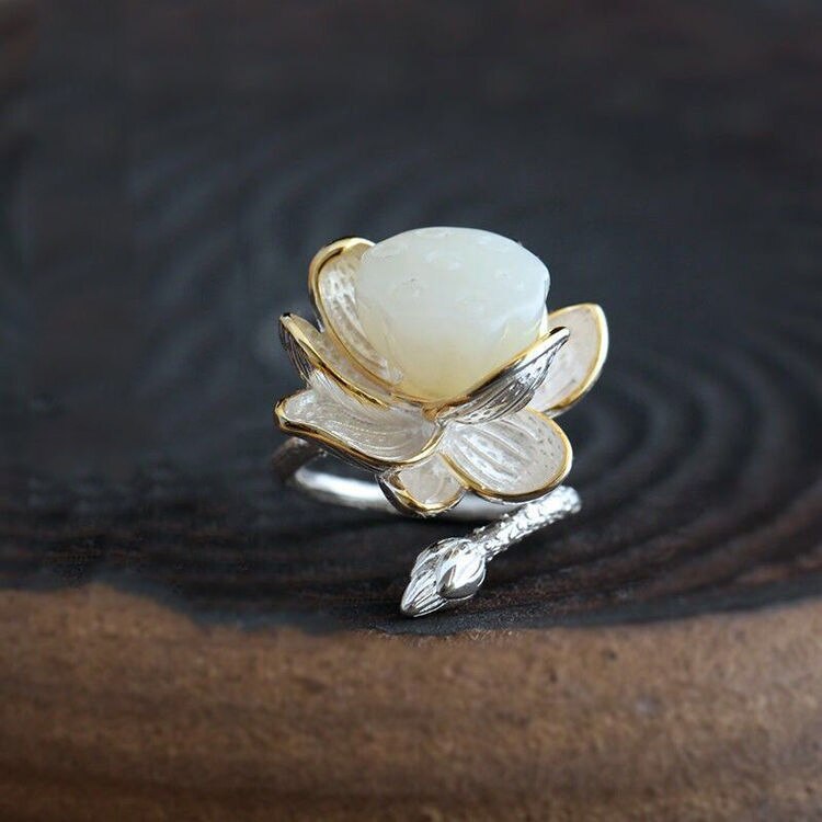 Sterling Silver Natural Fine Jade Lotus Handmade Female Atmospheric Retro Open Ring