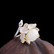 Load image into Gallery viewer, Sterling Silver Natural Fine Jade Lotus Handmade Female Atmospheric Retro Open Ring
