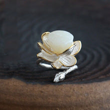 Load image into Gallery viewer, Sterling Silver Natural Fine Jade Lotus Handmade Female Atmospheric Retro Open Ring
