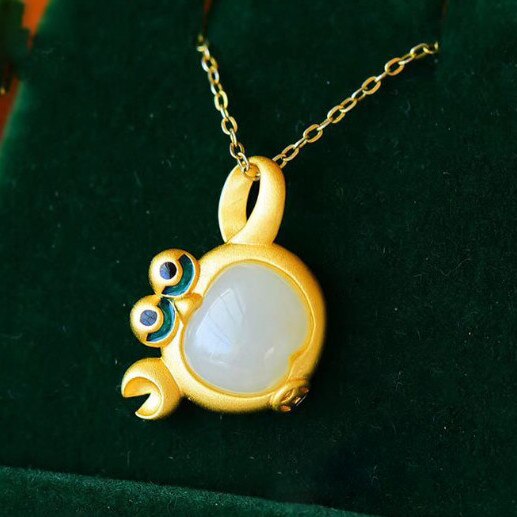 Silver Inlaid Natural Fine White Jade Cute Crab Pendant Necklace Women Charm Original Brand Jewelry