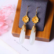 Load image into Gallery viewer, Silver Inlaid Natural White Jade Drop Shaped Earrings Retro Magnolia Flower Vintage Style Classic Charm Women&#39;s Jewelry
