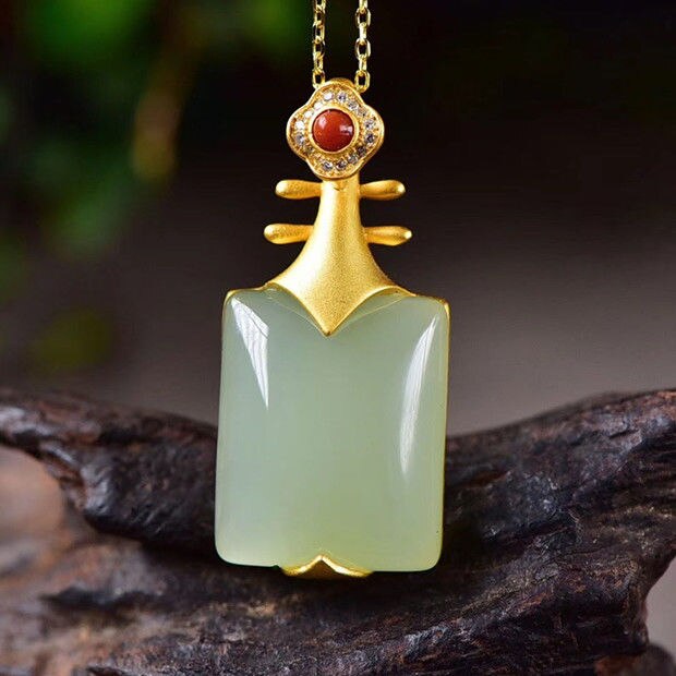 Silver Natural Fine Jade Inlaid Gilt Golden Pendant Necklace