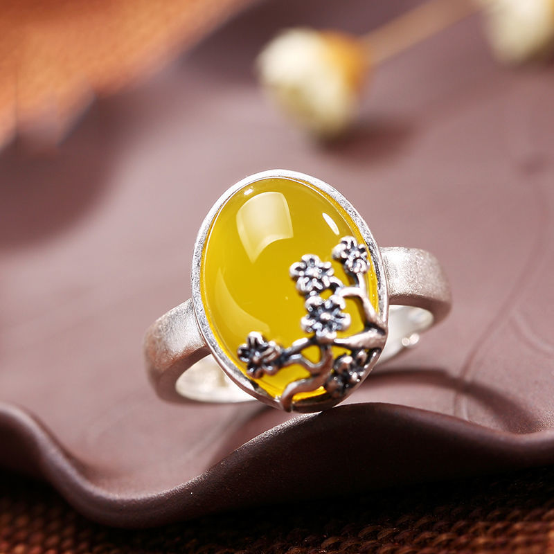 Lokaloca Natural Yellow Jade Plum Blossom Open Adjustable Ring