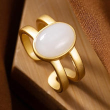 Load image into Gallery viewer, New Silver Inlaid Natural Fine White Jade Luxurious Golden Aristocratic Women Open Adjustable Ring
